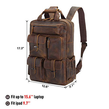 Polare Cowhide Leather Multiple Laptop Backpack Day Pack Travel Bag Satchel For Men - color: Dark Brown