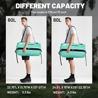 MIER Large Waterproof Duffel Bag - 60L/80L Dry Bag Backpack | Detachable Backpack Straps; Multi-Pockets; Roll-Top with Hook-and-Loop Closure; Motorcycle, Kayaking, Gym, Beach, Boating - color: Green, size: 60L