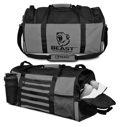 Beast Power Gear Gym Duffle Bag, Gray/Black | Workout, Boxing, MMA, Sports Bag, Shoes Compartment, Adjustable Shoulder Strap, For Men and Women - color: Gray/Black