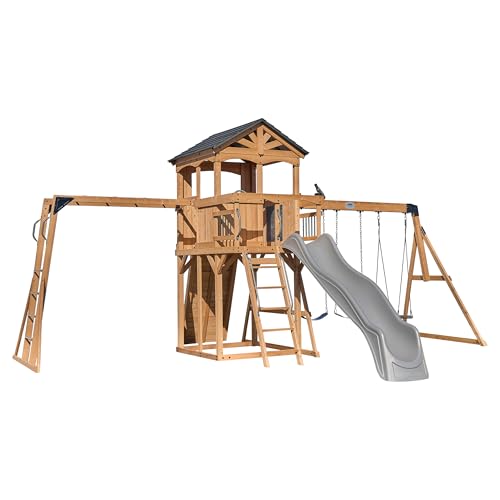 Backyard Discovery Dover Bay Spruce Wood Swing Set with Wave Slide, Clubhouse, Monkey Bars, Rock Wall, Belt Swings, Step Ladder, Toy Telescope, Chalkboard, Outdoor Playset - color: Grey Slide, style: Spruce