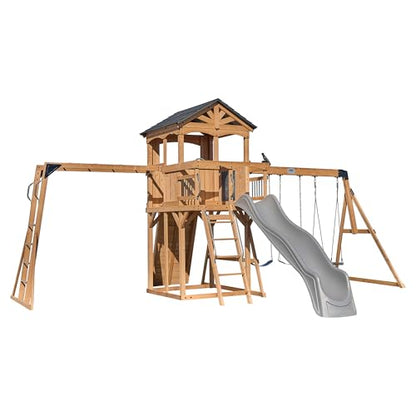 Backyard Discovery Dover Bay Spruce Wood Swing Set with Wave Slide, Clubhouse, Monkey Bars, Rock Wall, Belt Swings, Step Ladder, Toy Telescope, Chalkboard, Outdoor Playset - color: Grey Slide, style: Spruce