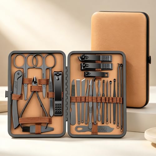 24pcs Manicure Pedicure Kit, Portable Nail Clipper Set with Brown Travel Case