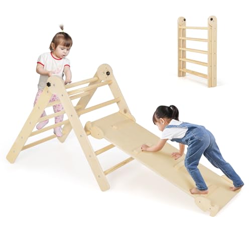 HONEY JOY Climbing Toys for Toddlers, 4 in 1 Foldable Wooden Montessori Kids Triangle Climber, Double Side Ramp & Climber, Baby Learning Indoor Climbing Ladder Gym for Boys Girls (Natural) - color: 4 in 1 Natural