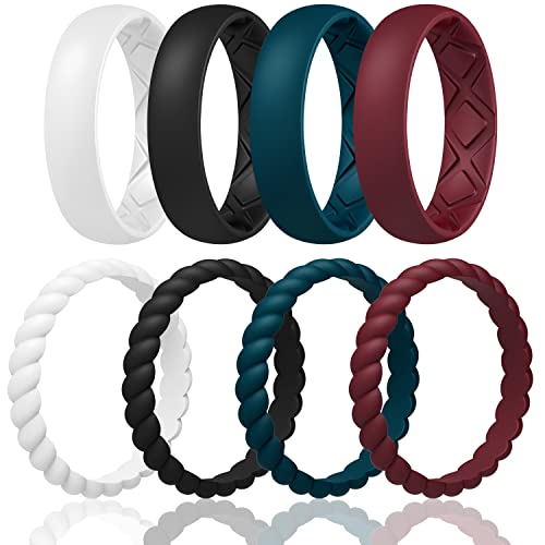 Egnaro Women's Stackable Silicone Rings, 2.5/5.5mm Wide 1.8/2mm Thick Bands | Comfort-Fit Rubber Bands Offer Breathable Flexibility for Nurses, Workouts, Pregnancy, Yoga, Travel, Office, and All-Day Wear - color: SETA3-White, Black,Maroon, Dark Blue
