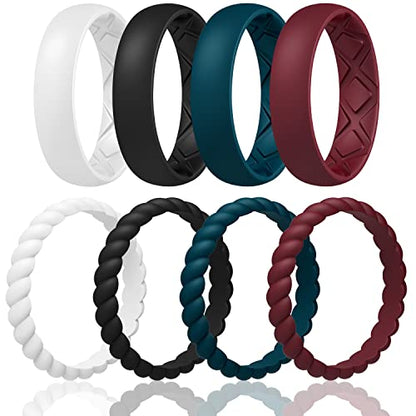 Egnaro Women's Stackable Silicone Rings, 2.5/5.5mm Wide 1.8/2mm Thick Bands | Comfort-Fit Rubber Bands Offer Breathable Flexibility for Nurses, Workouts, Pregnancy, Yoga, Travel, Office, and All-Day Wear - color: SETA3-White, Black,Maroon, Dark Blue
