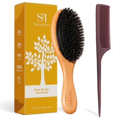 Boar Bristle Hair Brush, 100% Soft Bristle Brush for Fine Thin Hair | Beech Wood Handle, Gentle Scalp Massage, Smooths Frizz, Distributes Natural oils. Women, Kids & Toddler gift - color: Pale Oak