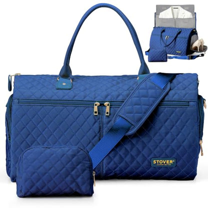 STOVER Women’s Convertible Garment Duffel Bag for Travel – 2-in-1 Carry-On Weekender/Overnight Tote - Wrinkle-Free Dresses, Suits & Clothes + Shoe Compartment & Bonus Toiletry Bag (Sapphire Blue) - color: Sapphire Blue