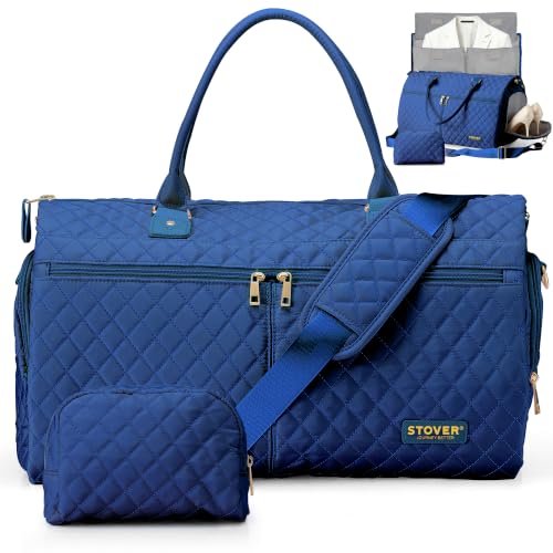 STOVER Women’s Convertible Garment Duffel Bag for Travel – 2-in-1 Carry-On Weekender/Overnight Tote - Wrinkle-Free Dresses, Suits & Clothes + Shoe Compartment & Bonus Toiletry Bag (Sapphire Blue) - color: Sapphire Blue