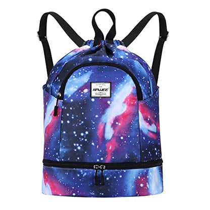 Dry Wet Drawstring Backpack with Shoe Compartment for Women Adjustable Gym Bag - color: Galaxy
