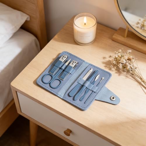 7 in 1 Manicure Travel Nail Kit, Stainless Steel Grooming Tools with Compact Case, Precision Clippers for Hand Foot Care (Blue)
