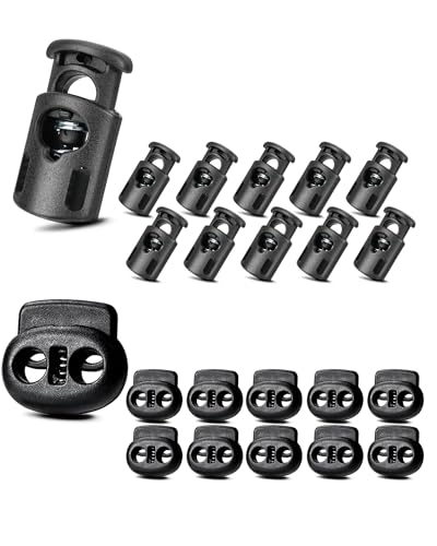 TTeebmi 20PCS Cord Locks for Drawstrings – 10 Single Hole and 10 Double Hole Spring Cord Stoppers – Plastic Toggle Clips for Bags, Shoes, DIY Crafts, Hoodies, Pants, Tent Ropes