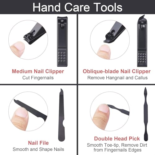 AOMIG Nail Clipper Set 7 pcs Manicure Pedicure Nail Care Kit with Luxurious Leather Case Fingernail Toenail Clippers Portable Stainless Steel Ear Pick Eyebrow Scissors Fingernail File Tweezer Kit - color: Black
