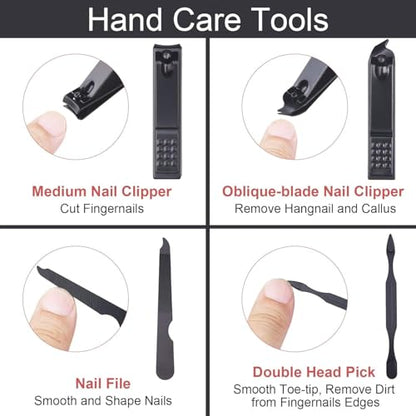 AOMIG Nail Clipper Set 7 pcs Manicure Pedicure Nail Care Kit with Luxurious Leather Case Fingernail Toenail Clippers Portable Stainless Steel Ear Pick Eyebrow Scissors Fingernail File Tweezer Kit - color: Black