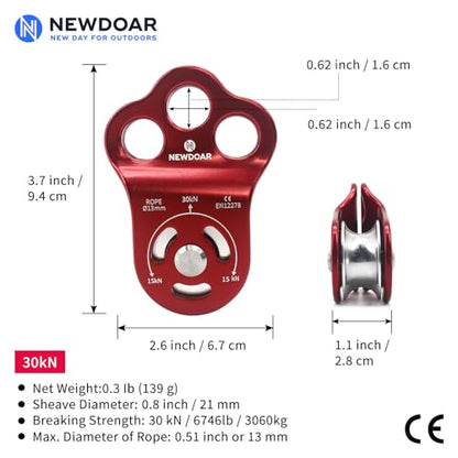 NewDoar 30 KN CE Certified Three Holes Rescue Climbing Pulley,for Max Rope 13mm Rope Hauling with Bearing Rappelling, Zipline,Durability Side Plates - color: One Unit (30KN Pulley Red)