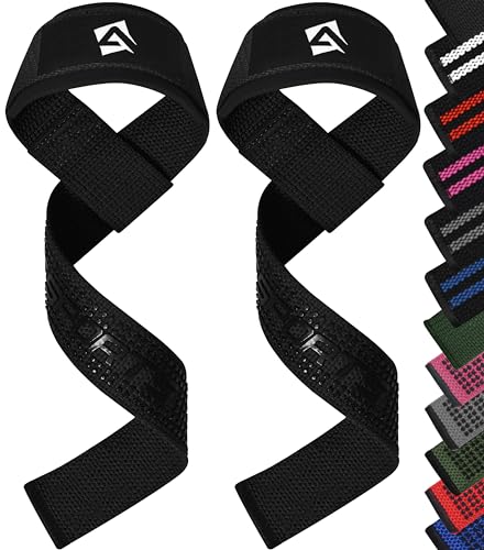 AQF Weight Lifting Straps, Padded Cotton Gym Wrist Straps for Deadlifts | 23" Extra-Long, Heavy-Duty Webbing, 5mm Neoprene Cushioning, Open-Loop Design, Sold as Pair, Ideal for Rows & Pull Workout - color: Black Gel Padded