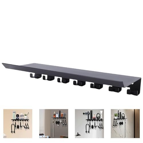 Luocute Gym Equipment Storage Rack, Wall Mounted Floating Shelf Organizer with 7 Hooks, for Workout Gear Resistance Bands Jump Ropes Lifting Belts