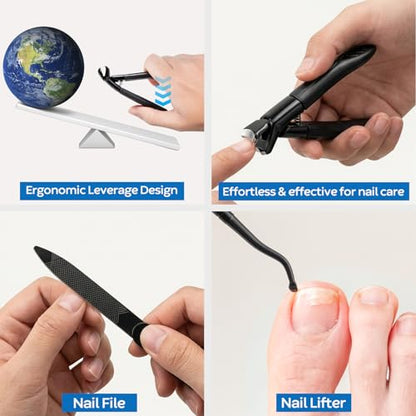 Nail Clippers Set Box, 4 Pcs-Stainless Steel Large Toenail Clippers for Thick Nails, Heavy Duty Slanted Nail Clipper with Nail File, Nail Lifter, Long Handled Fingernail Cutter for Men & Women - size: 4Pcs Nail Clippers Set-black