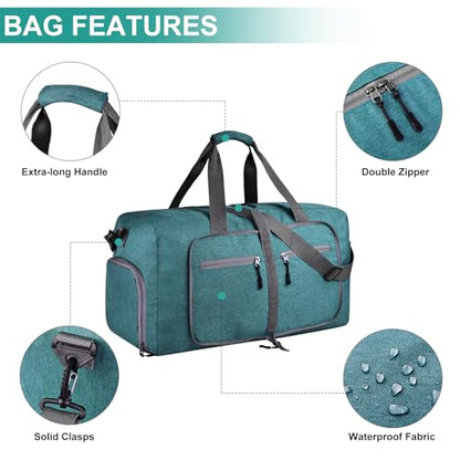 Dimayar 65L Foldable Duffle Bag, Travel & Weekender, Overnight, Gym | Lightweight, Carry-on, Packable, Waterproof & Tear Resistant, Travel Duffel Bag with Shoes Compartment for Men Women - color: Green, size: 65L
