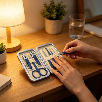 Luxury 7-in-1 Professional Manicure Set - Premium Stainless Steel Nail Clippers & Grooming Kit with Elegant Leather Travel Case - D.Blue - color: Dark Blue, size: 7PCS