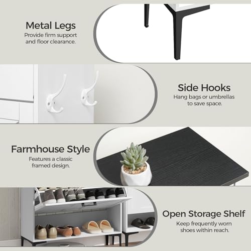 MAHANCRIS Shoe Cabinet with 2 Flip Drawers, Farmhouse Shoe Storage Cabinet for Entryway, Freestanding Narrow Shoe Organizer Cabinet with Adjustable Shelves for Entrance, Black and White SHBB20201