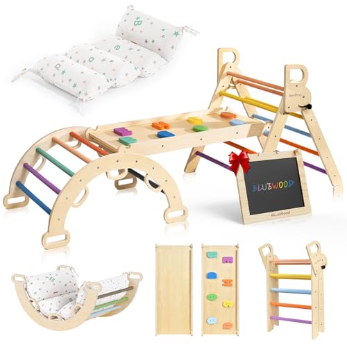BlueWood Pikler Triangle Set for 2-6 Years Old (Rainbow, with Cushion) | 8-In-1 Foldable Wooden Toddler Climbing Toys, Montessori Jungle Gym for Indoor Activity, Balance and Imaginative Play - color: Rainbow