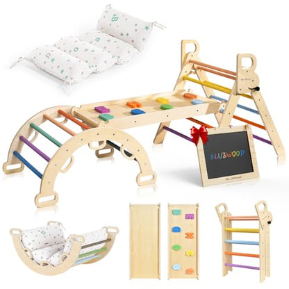 BlueWood Pikler Triangle Set, Foldable Wooden Toddler Climbing Toys Indoor Playground Jungle Gym Montessori Philosophy Climber for 2-6 Years Old, Baby, Kids (Rainbow, with Cushion) - color: Rainbow