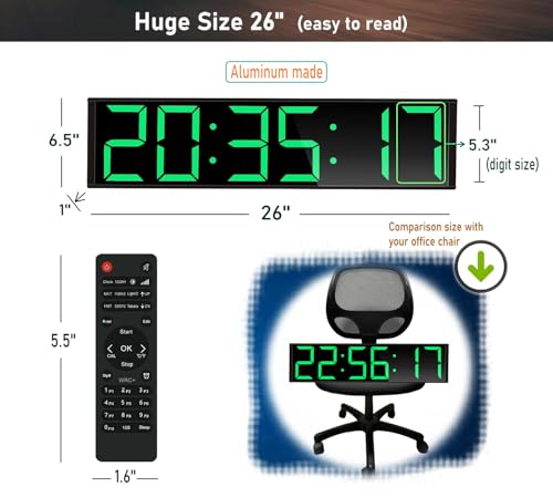 26'' Huge Clock (5.3'' Digits), Gym Timer, Home Gym Clock, Interval Workout Timer, with 8 Alarms, 7-Color Night Lights, for HIIT/Tabata/EMOM/FGB/Boxing (Green)