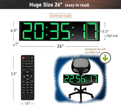26'' Huge Clock (5.3'' Digits), Gym Timer, Home Gym Clock, Interval Workout Timer, with 8 Alarms, 7-Color Night Lights, for HIIT/Tabata/EMOM/FGB/Boxing (Green)