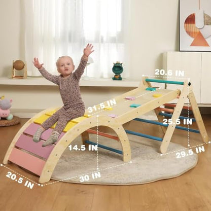 Pikler Triangle Set with Cushion, 7 in 1 Toddler Climbing Toys Indoor | Foldable Space-saving Design, Montessori-inspired Learning, Reversible Slide & Ramp, ASTM F963 Standards for Toddlers 18M-5Y - color: Rainbow