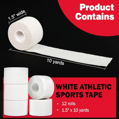 12 Pack Athletic Sports Tape, Athletic & Medical Trainers & First Aid Tape for Injuries, Wrist Ankle Finger Tape, Easy to Tear & No Sticky Residue, 1.5 in X 10 Yards (White)