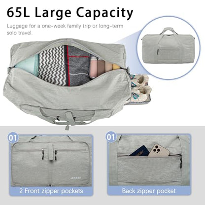 65L Foldable Duffle Bag with Shoe Compartment - Large Travel Duffel Bag for Men & Women, Packable Weekend Bag with Trolley Sleeve, Water-Resistant & Lightweight Gym Bag for Travel, Sports（Beige） - color: Beige
