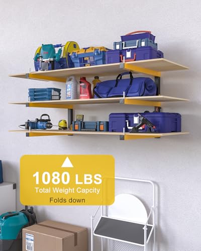 Lumber Rack Wall Mount Storage Racks Folding Wood Organizer Heavy Duty Shelf Brackets With 9-Level 1080 Lbs Capacity Yellow Metal Utility Racks Garage Wall Shelving for Indoor and Outdoor Use (6 Pack) - style: C– 6 Pack, 9-Tier