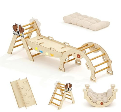 OUTLANE Pikler Triangle Set, 7-in-1 Foldable Wooden Toddler Climbing Toys Indoor, Jungle Gym for Toddlers, Large Montessori Climbing Set with Reversible Slide, Arch Ramp, Ladder & Cushion (Natural) - color: Natural