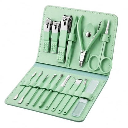 16 Piece Stainless Steel Manicure & Pedicure Set, Professional Nail Clippers Kit with Ear Spoon, Cuticle Tools, Scissors, Files, Folding Bag - Complete Home Nail Care Grooming Kit