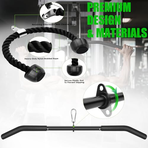 Cable Machine Attachment Set LAT Pulldown Attachments,Cable Machine Accessories for Home Gym Weight Workout Include LAT Pulldown Bar,Double D Bar, Tricep Rope,V Bar - color: Black-7 pcs