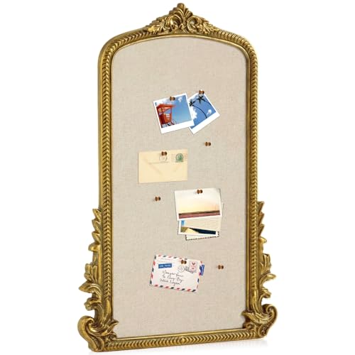 Wonderjune Vintage Framed PinBoard Linen Display Bulletin Board Large Cork Fabric Picture Photo Memo Pinboard Fancy Ornate Decorative Vision Board for Wall(Arch,19" X 31",Gold) - color: Gold, size: 30.7" x 18.9", style: Arch