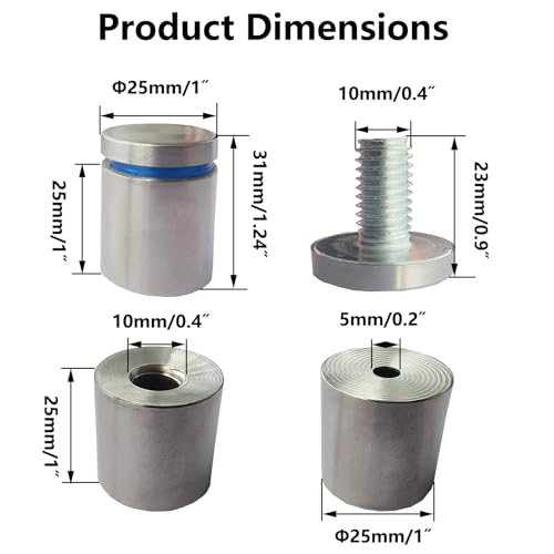 8 Pack Stainless Steel Sign Standoff Screws (1 in. Dia x 1 in. L)(Silver) | Standoff Mounting Advertising Nail Hanging Acrylic Panels Glass Artwork - color: Silver