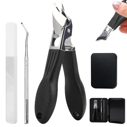 Eagle Beak Nail Clippers for Ingrown & Thick Nails – Beveled/Slanted/Angled Blades, Long Handle Wide Jaw, Anti-Splash Ultra Sharp Stainless Steel Edge 3-Piece Set for Men/Women (Black) - color: Black