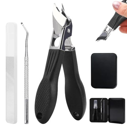 Eagle Beak Nail Clippers for Ingrown & Thick Nails – Beveled/Slanted/Angled Blades, Long Handle Wide Jaw, Anti-Splash Ultra Sharp Stainless Steel Edge 3-Piece Set for Men/Women (Black) - color: Black
