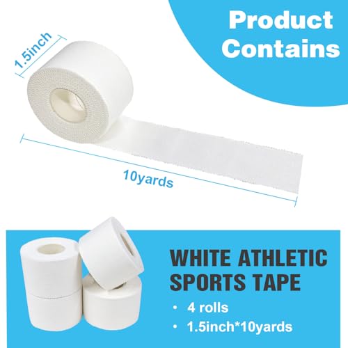 Athletic Tape Athletic & Medical Trainers & First Aid Tape for Injuries Wrist Ankle Finger Tape Easy to Tear & No Sticky Residue 1.5in x 10Yards(White) (1.5in*10yd*4rolls)