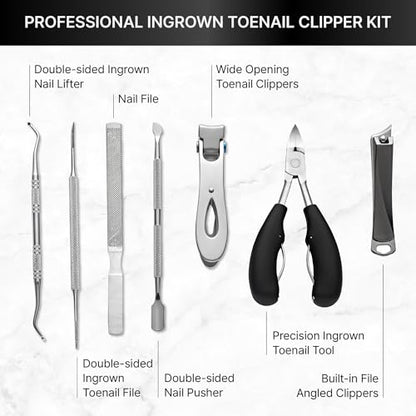 Ingrown Toenail Clippers for Seniors Thick Toenails, 7 Pcs Heavy Duty Large Pedicure Toe Nail Clipper Set with Wide Opening, Includes Nail Cutter, File, Lifter, Cuticle Pusher, Travel Case - color: 7 Pcs Set (Angled Clippers + Large Toenail Clipper)
