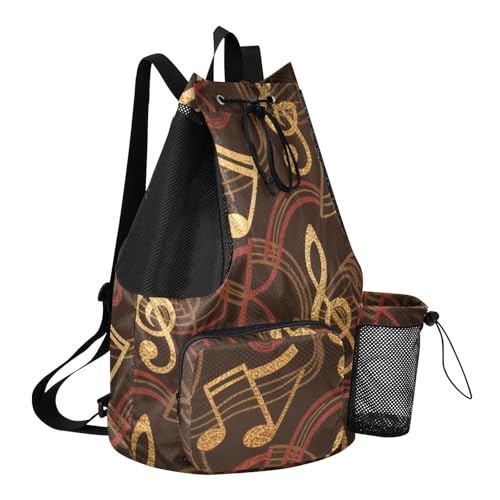 Drawstring Climbing Gym Bag With Water Bottle Pocket Mens Drawstring Bags with Wet Dry Compartments Music Red Brown