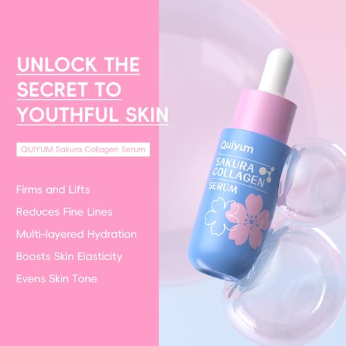 QUIYUM Sakura Collagen Skin Care Set - 5pcs Skincare for Women Teens | Facial Cleanser, Serum, Cream, Facial Brush, Hair Band & Makeup Bag, Deep Cleansing, Hydrating, Firming, Even Tone, Radiance - size: 5 Count (Pack of 1)