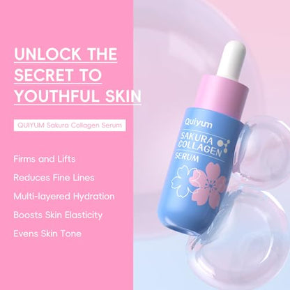 QUIYUM Sakura Collagen Skin Care Set - 5pcs Skincare for Women Teens | Facial Cleanser, Serum, Cream, Facial Brush, Hair Band & Makeup Bag, Deep Cleansing, Hydrating, Firming, Even Tone, Radiance - size: 5 Count (Pack of 1)