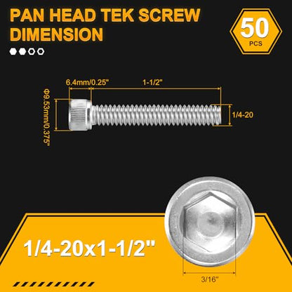 DTGN 1/4"-20x1-1/2 Socket Head Cap Screws Bolts - 50Pack - Good for Road Bicycle, Mountain Bike, Auto, Motorcycle - 304 Stainless Steel Hex Head Metric Screws - Silver - size: 1/4"-20x1-1/2"