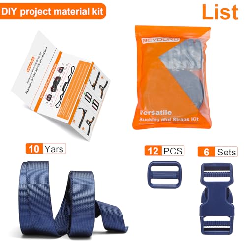 BEYOURD 1 inch Buckles and Strap Set: 10 Yards Polyester Webbing, 6 Pack Dual Adjustable Side Release Plastic Buckles, 12 PCS Tri-Glide Slider Clips, Navy Blue - color: Navy Blue