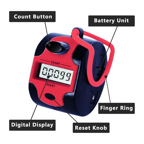 TESEAS Handy Counter Click Manual Digital clicker Stitch Tally Counters Finger Mechanical Palm Handheld Pitch 5-Digit Electronic Display Click Counter Number Count for Row, People, Golf Lap - style: 1pc red