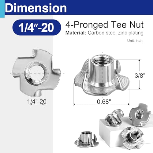 100PCS 1/4"-20 T Nuts for Wood, Zinc-Plated 4-Prong Tee Nuts | Carbon steel construction, Hammer-in installation design - style: 100 PCS 1/4"-20 Size