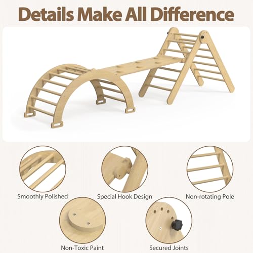 Large Pikler Triangle Set, 7-in-1 Toddler Climbing Toys Indoor, Wooden Montessori Climbing Set with Arch Ramp Ladder, Foldable Baby Jungle Gym Playground (Wood Natural) - color: Nature Wood