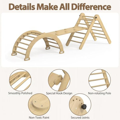 Large Pikler Triangle Set, 7-in-1 Toddler Climbing Toys Indoor, Wooden Montessori Climbing Set with Arch Ramp Ladder, Foldable Baby Jungle Gym Playground (Wood Natural) - color: Nature Wood